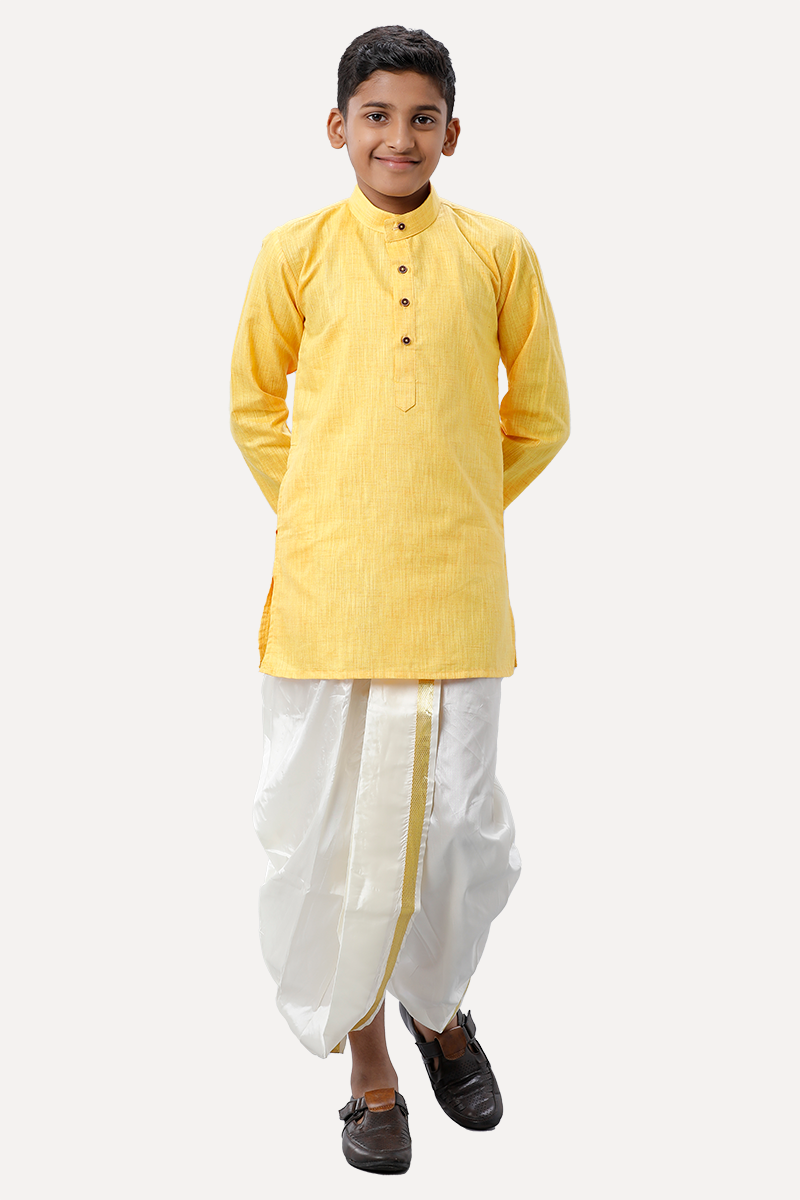 UATHAYAM Exotic Cotton Rich Full Sleeve Solid Regular Fit Kids Kurta + Panchakacham 2 In 1 Set (Yellow)