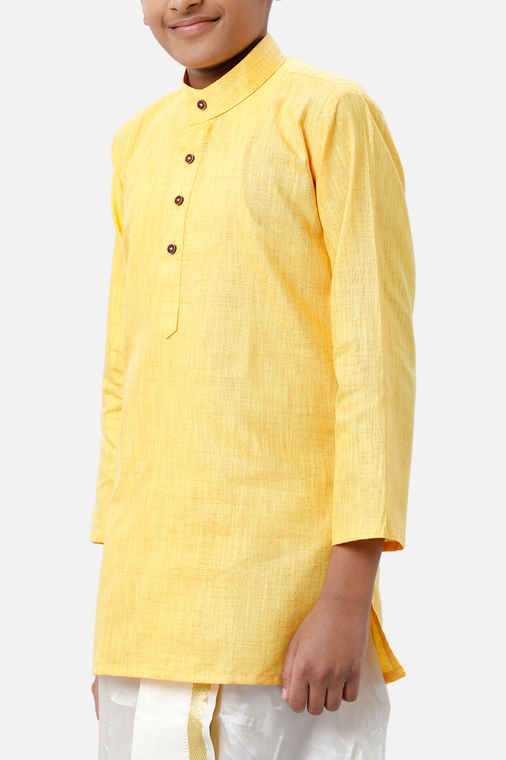 UATHAYAM Exotic Cotton Rich Full Sleeve Solid Regular Fit Kids Kurta + Panchakacham 2 In 1 Set (Yellow)