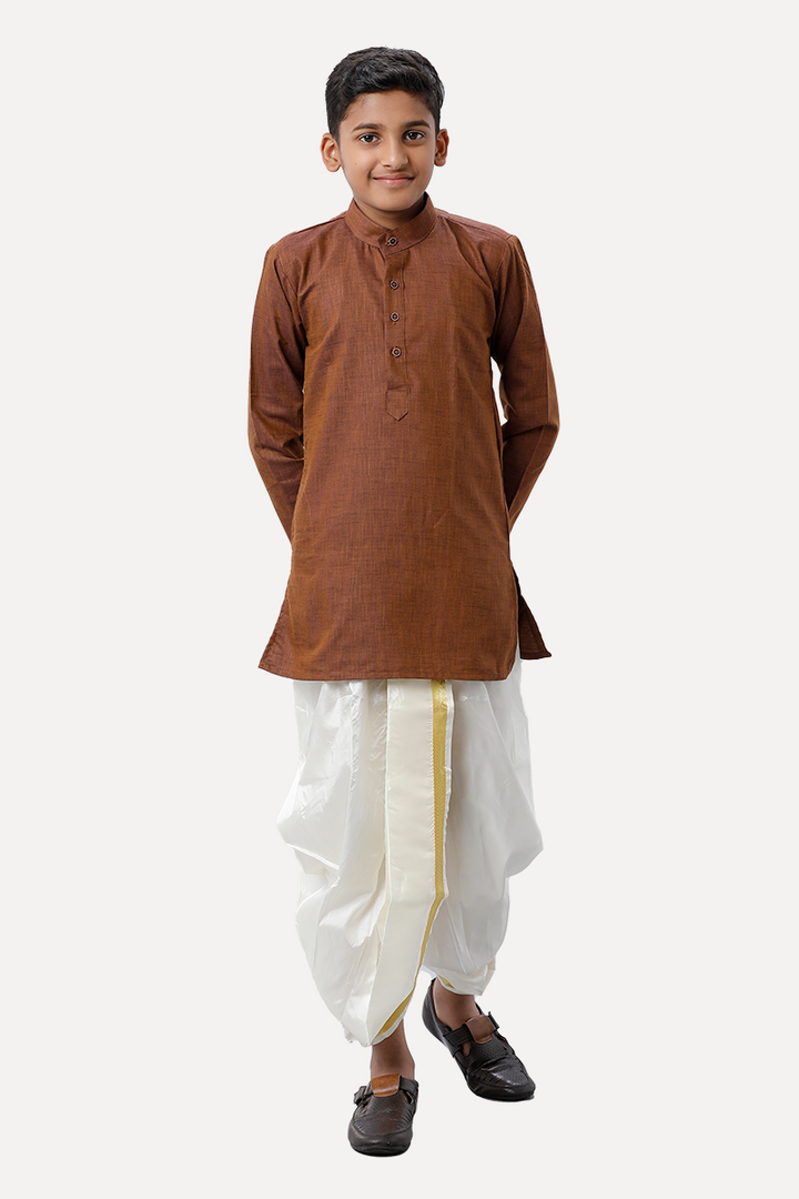 UATHAYAM Exotic Cotton Rich Full Sleeve Solid Regular Fit Kids Kurta + Panchakacham 2 In 1 Set (Dark Brown)