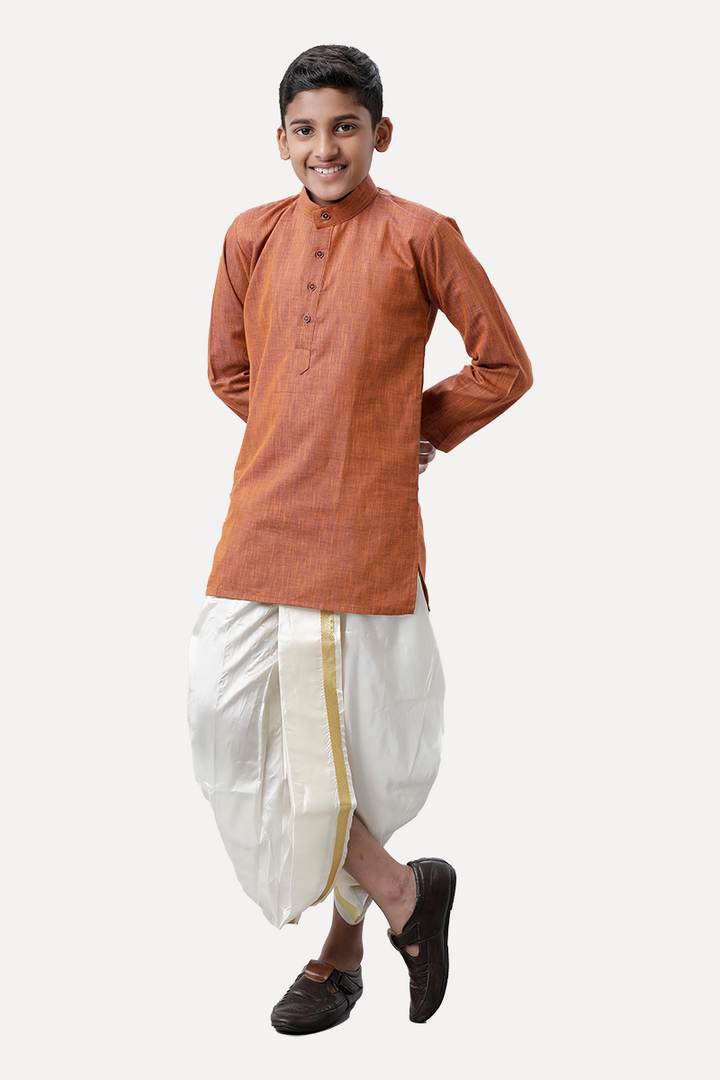 UATHAYAM Exotic Cotton Rich Full Sleeve Solid Regular Fit Kids Kurta + Panchakacham 2 In 1 Set (Kavi Brown)