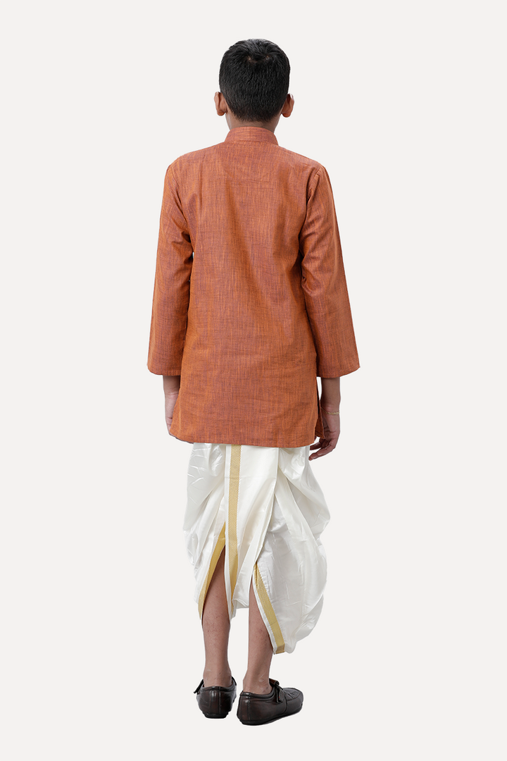 UATHAYAM Exotic Cotton Rich Full Sleeve Solid Regular Fit Kids Kurta + Panchakacham 2 In 1 Set (Kavi Brown)