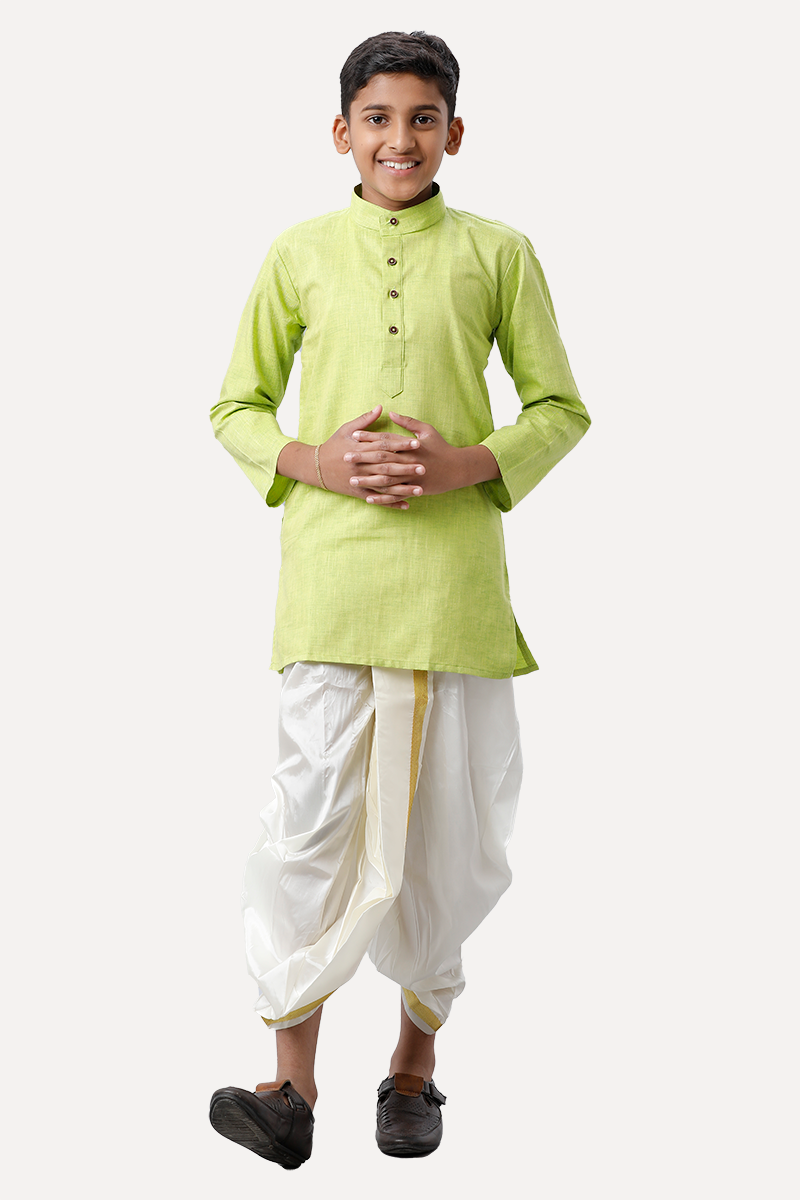 UATHAYAM Exotic Cotton Rich Full Sleeve Solid Regular Fit Kids Kurta + Panchakacham 2 In 1 Set (Light Green)