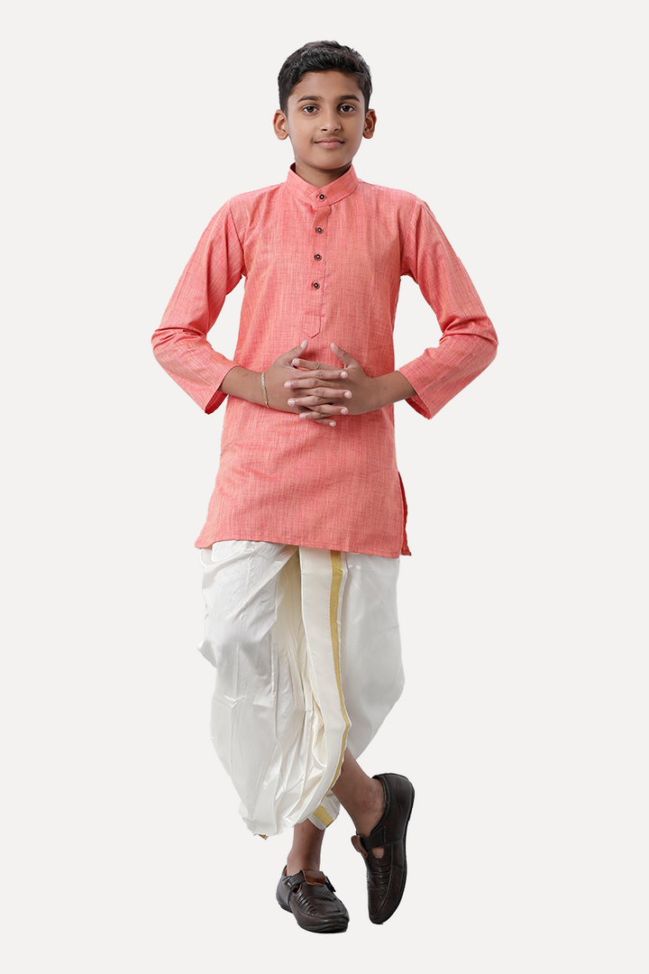 UATHAYAM Exotic Cotton Rich Full Sleeve Solid Regular Fit Kids Kurta + Panchakacham 2 In 1 Set (Soft Orange)