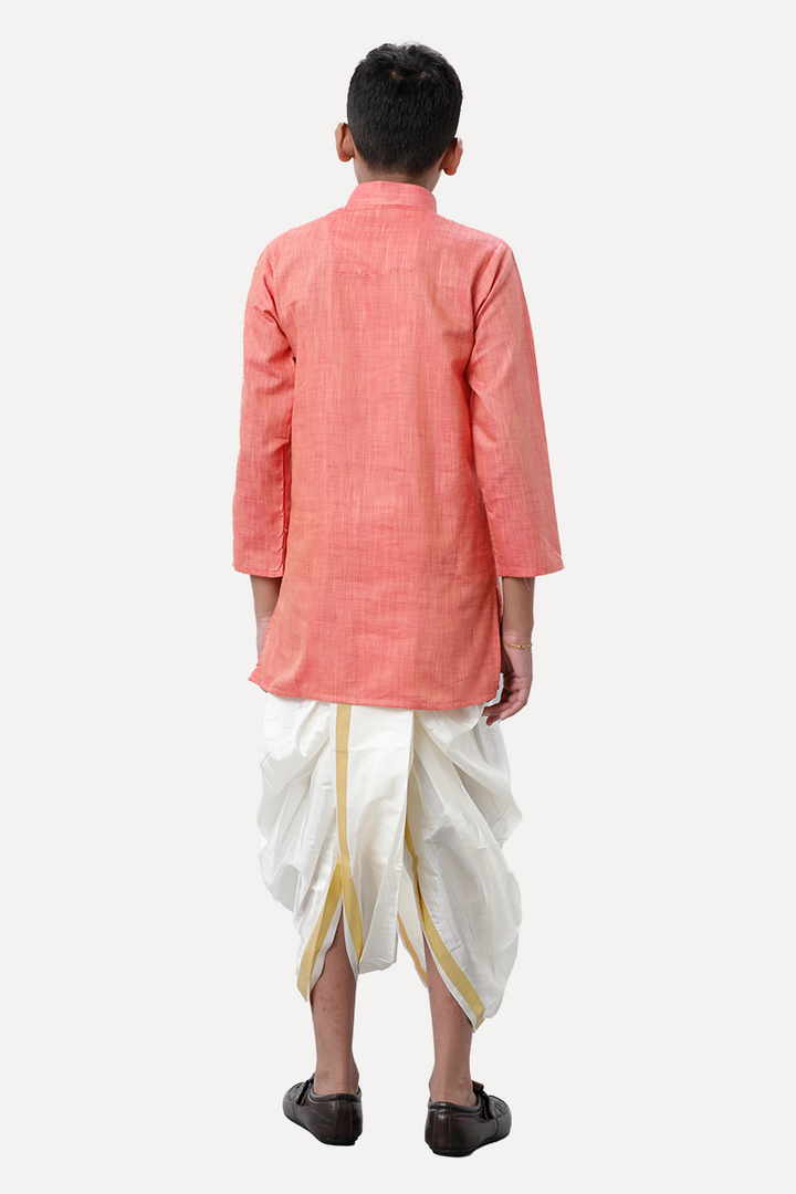 UATHAYAM Exotic Cotton Rich Full Sleeve Solid Regular Fit Kids Kurta + Panchakacham 2 In 1 Set (Soft Orange)