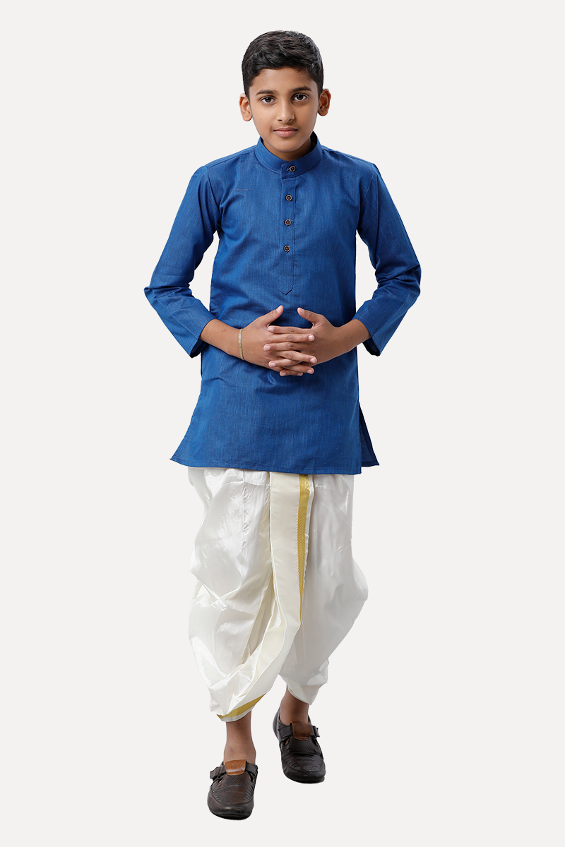 UATHAYAM Exotic Cotton Rich Full Sleeve Solid Regular Fit Kids Kurta + Panchakacham 2 In 1 Set (Navy Blue)