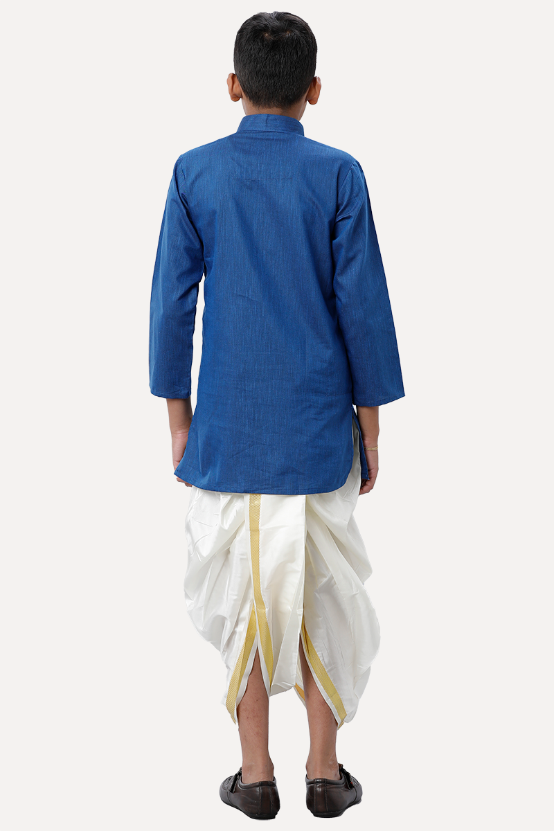 UATHAYAM Exotic Cotton Rich Full Sleeve Solid Regular Fit Kids Kurta + Panchakacham 2 In 1 Set (Navy Blue)