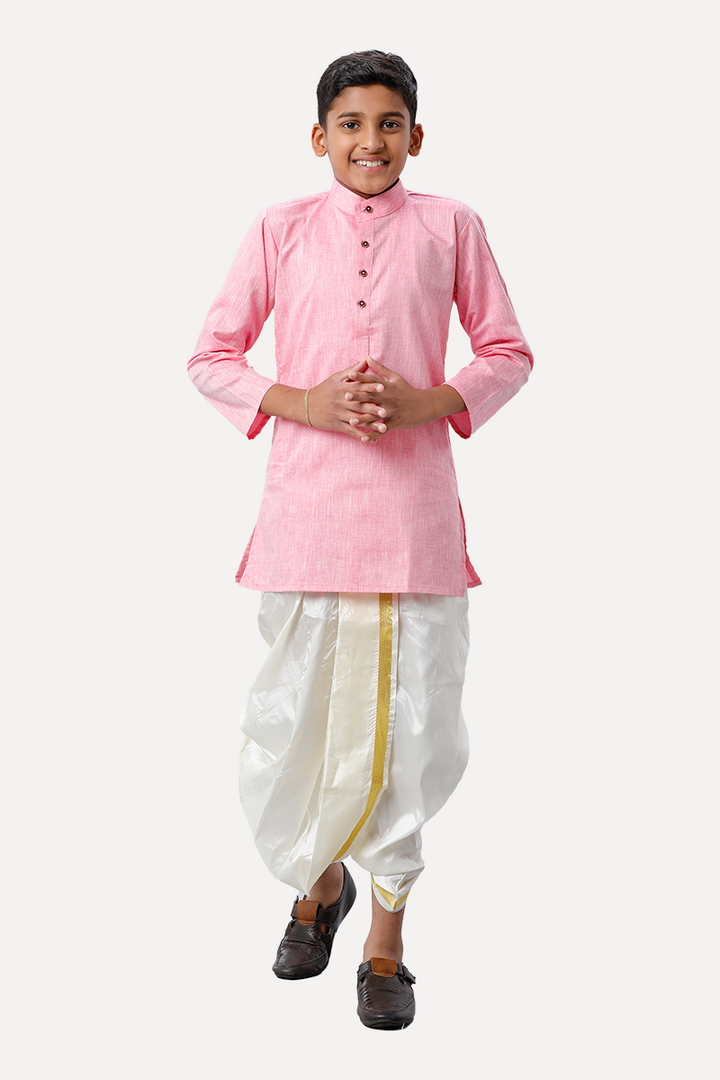 UATHAYAM Exotic Cotton Rich Full Sleeve Solid Regular Fit Kids Kurta + Panchakacham 2 In 1 Set (Soft Pink)