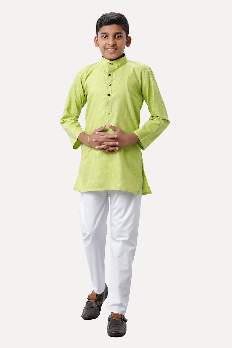 UATHAYAM Exotic Cotton Rich Full Sleeve Solid Regular Fit Kids Kurta + Pyjama 2 In 1 Set (Light Green)
