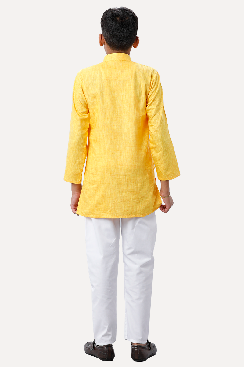 UATHAYAM Exotic Cotton Rich Full Sleeve Solid Regular Fit Kids Kurta + Pyjama 2 In 1 Set (Yellow)