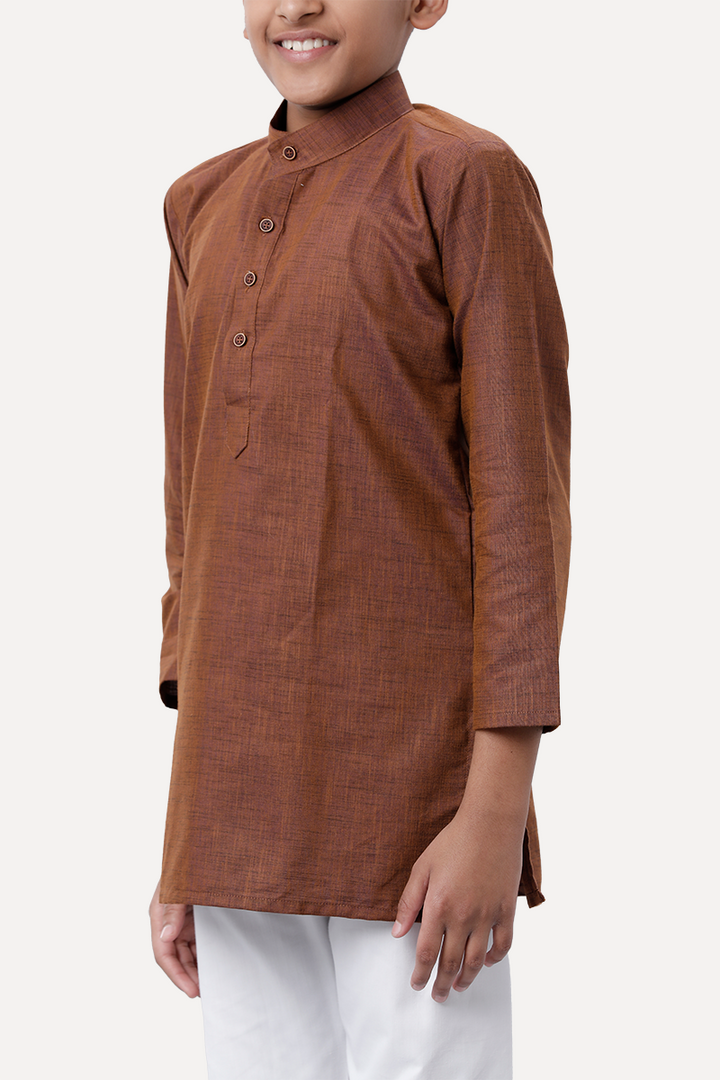 UATHAYAM Exotic Cotton Rich Full Sleeve Solid Regular Fit Kids Kurta + Pyjama 2 In 1 Set (Dark Brown)