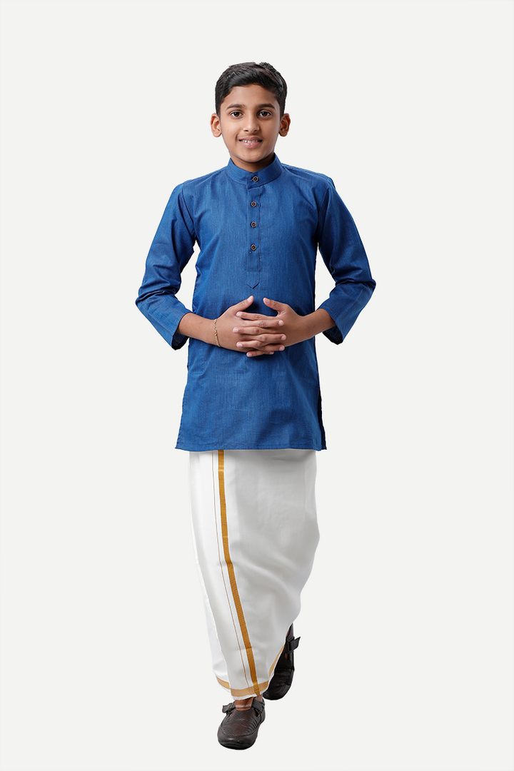 UATHAYAM Exotic Cotton Rich Full Sleeve Solid Regular Fit Kids Kurta + Dhoti 2 In 1 Set (Navy Blue)