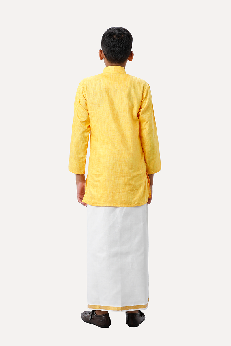 UATHAYAM Exotic Cotton Rich Full Sleeve Solid Regular Fit Kids Kurta + Dhoti 2 In 1 Set (Yellow)