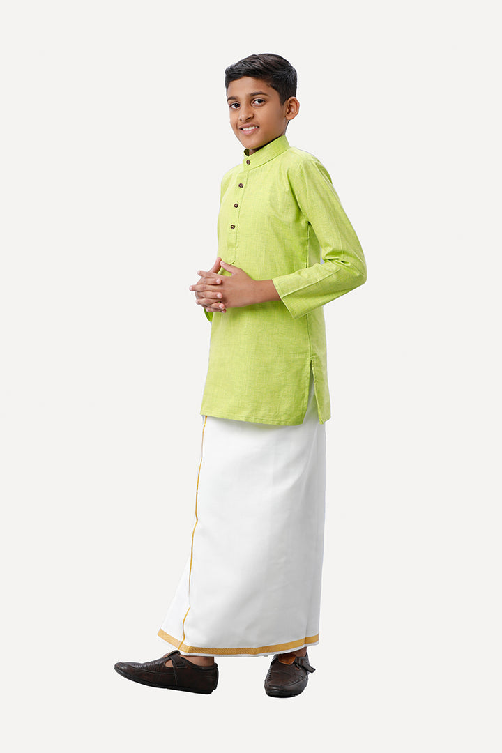 UATHAYAM Exotic Cotton Rich Full Sleeve Solid Regular Fit Kids Kurta + Dhoti 2 In 1 Set (Light Green)