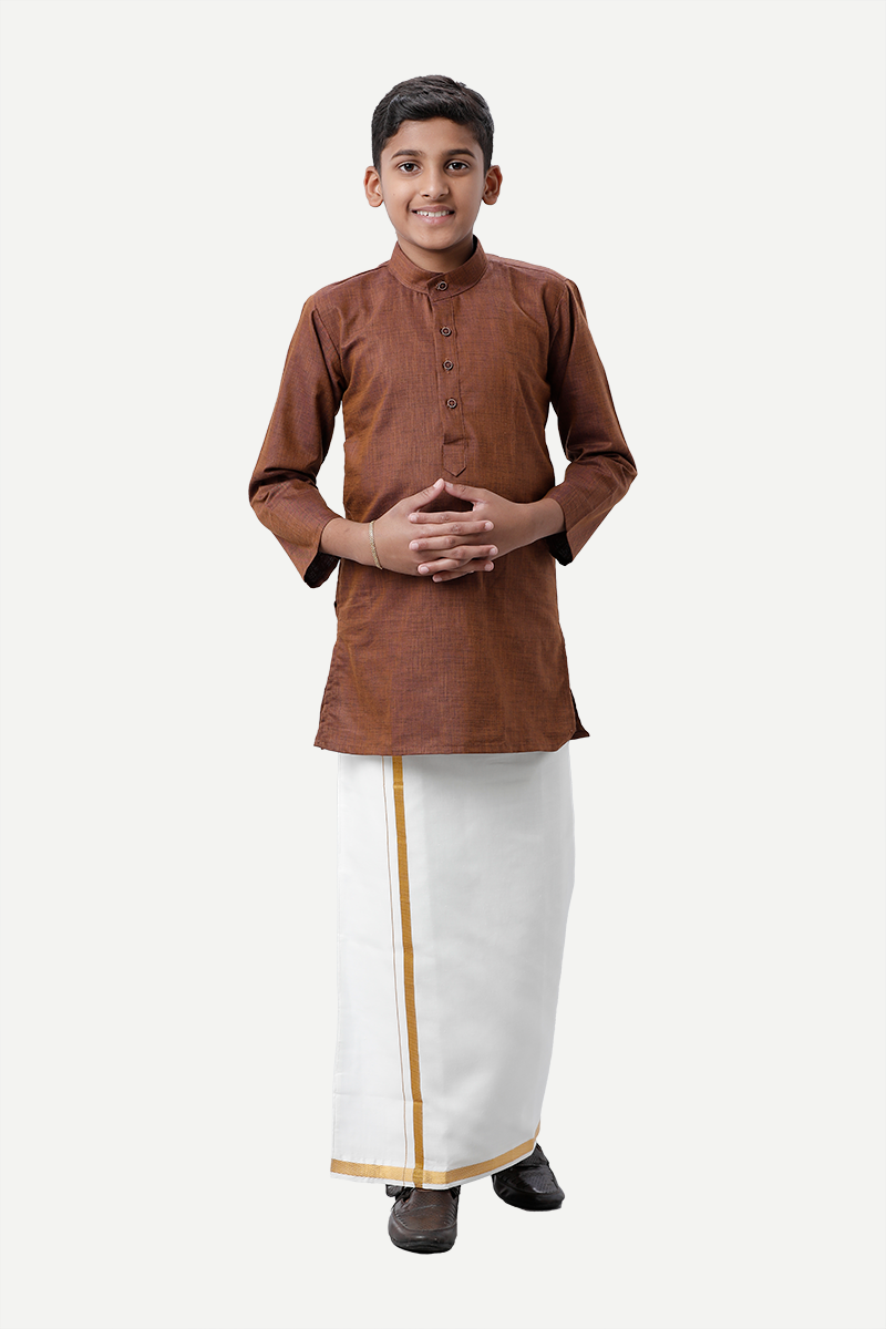 UATHAYAM Exotic Cotton Rich Full Sleeve Solid Regular Fit Kids Kurta + Dhoti 2 In 1 Set (Dark Brown)