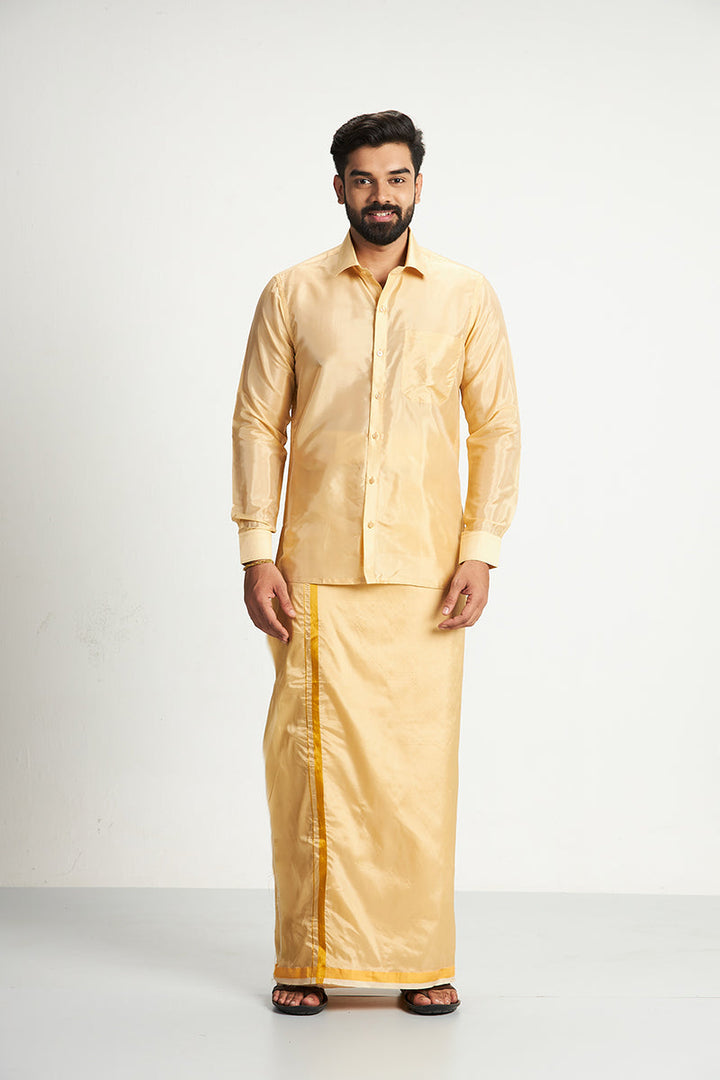 VRIKSHAM Golden Yellow Color Silk Shirt & Matching Dhoti 2 in 1 Set Full Sleeve For Men- 15803