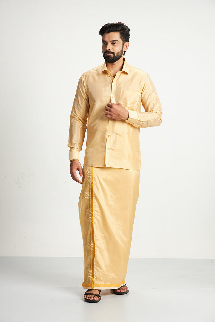 VRIKSHAM Golden Yellow Color Silk Shirt & Matching Dhoti 2 in 1 Set Full Sleeve For Men- 15803