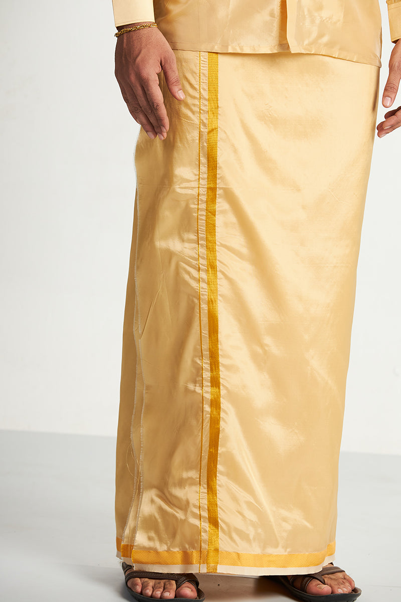 VRIKSHAM Golden Yellow Color Silk Shirt & Matching Dhoti 3 in 1 Set Full Sleeve For Men- 15803