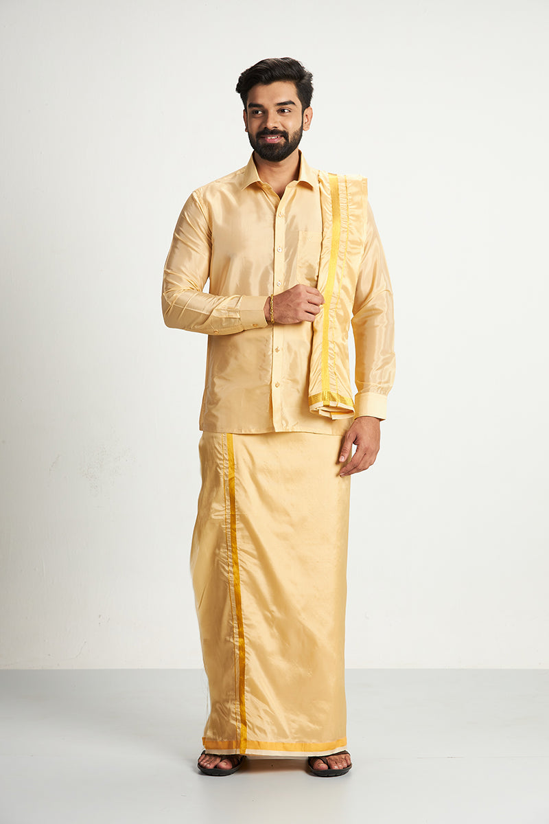 VRIKSHAM Golden Yellow Color Silk Shirt & Matching Dhoti 3 in 1 Set Full Sleeve For Men- 15803