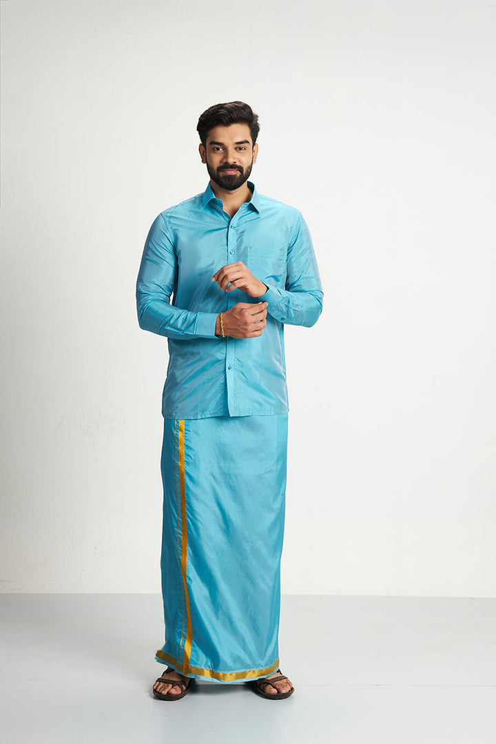VRIKSHAM Sky Blue Color Silk Shirt & Matching Dhoti 2 in 1 Set Full Sleeve For Men- 15802