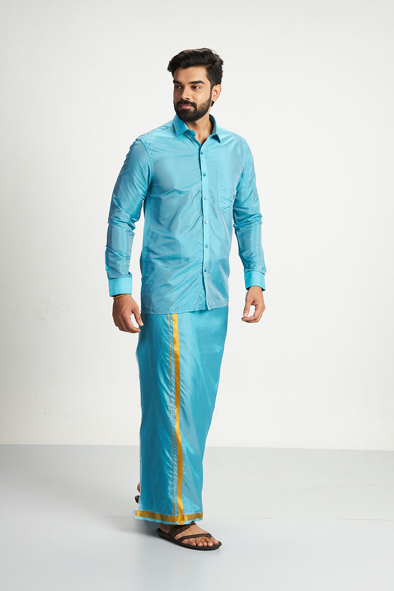 VRIKSHAM Dark Blue Color Silk Shirt & Matching Dhoti 2 in 1 Set Full Sleeve For Men- 15802