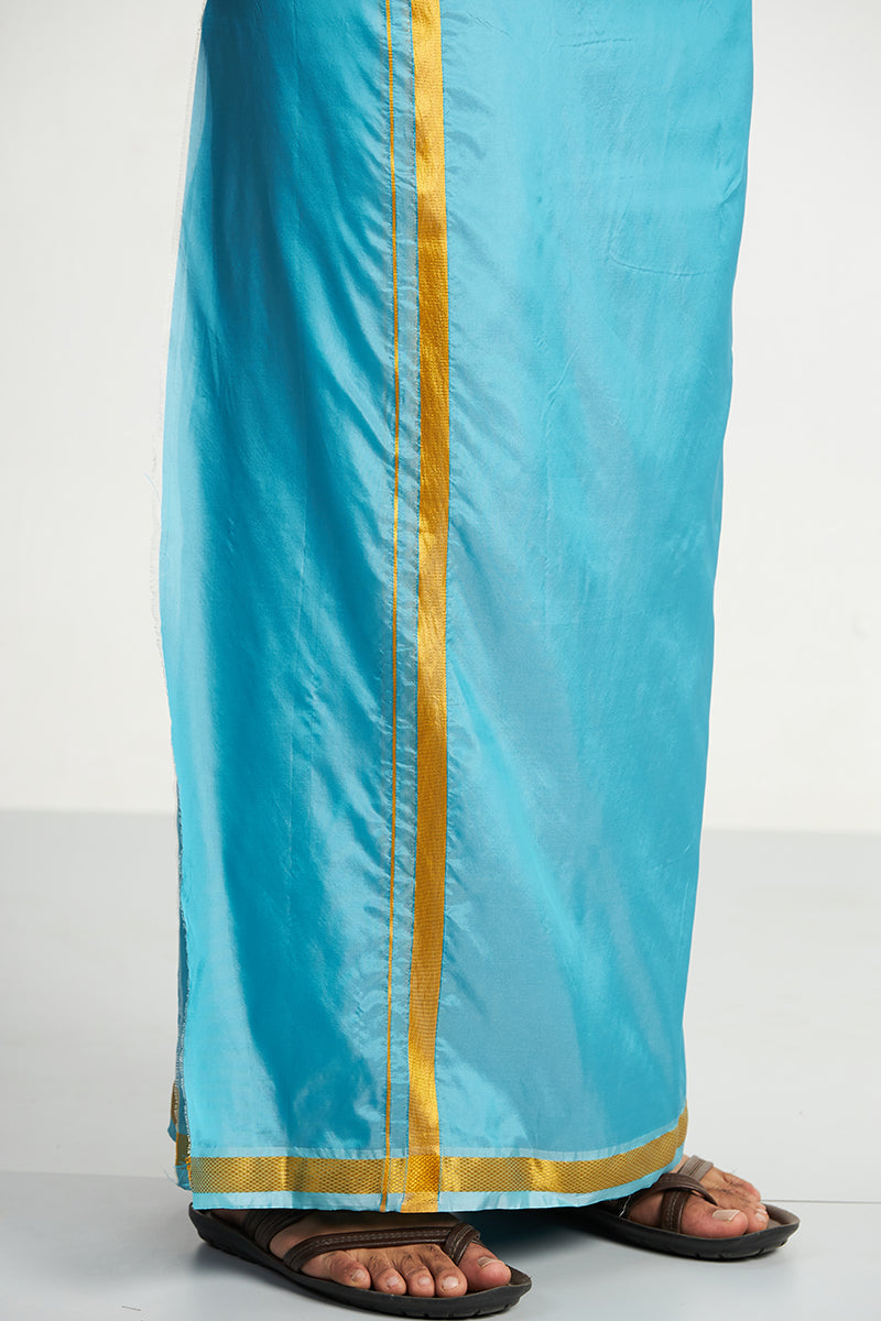 VRIKSHAM Dark Blue Color Silk Shirt & Matching Dhoti 2 in 1 Set Full Sleeve For Men- 15802