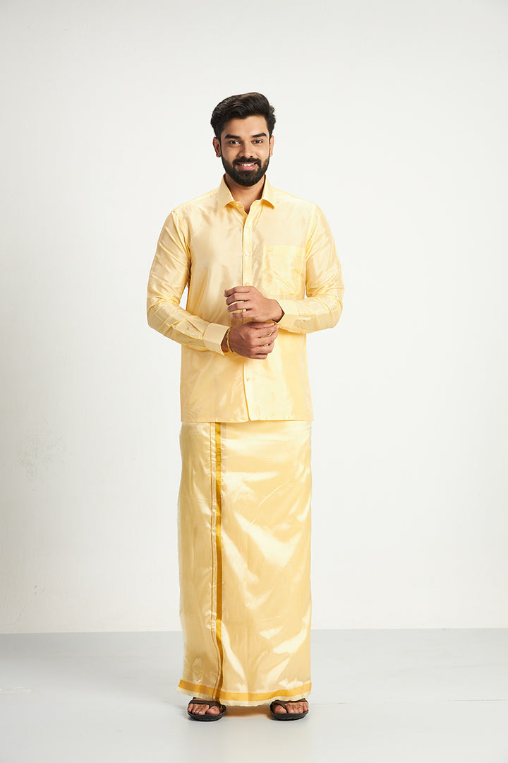 Vriksham - Mango Yellow Shirt and Matching Double Layered Dhoti With Towel 3 in 1 Wedding Set For Mens | Uathayam