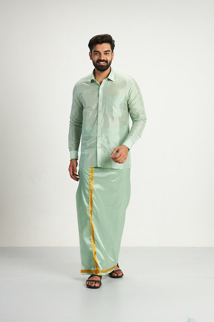 VRIKSHAM Pista Green Color Silk Shirt & Matching Dhoti 3 in 1 Set Full Sleeve For Men- 15809