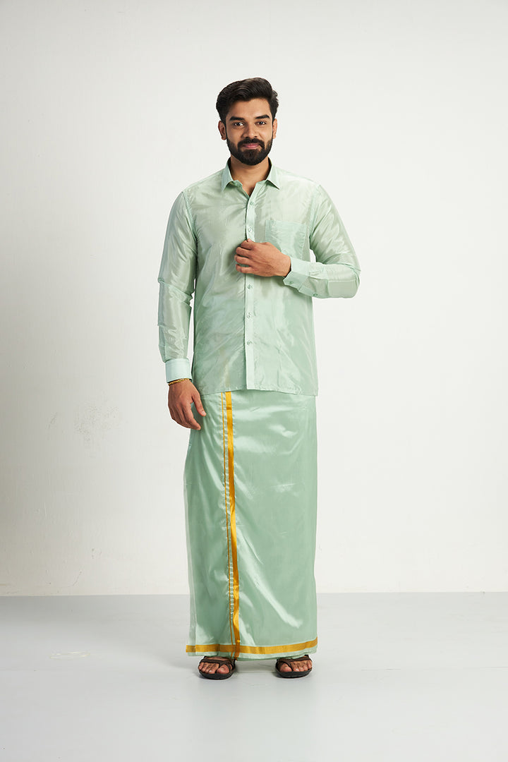 VRIKSHAM Pista Green Color Silk Shirt & Matching Dhoti 3 in 1 Set Full Sleeve For Men- 15809