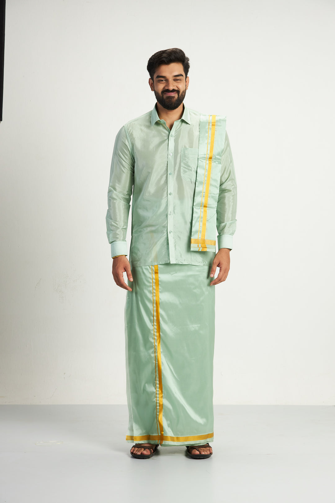 Vriksham - Pista Green Shirt and Matching Double Dhoti With Towel 3 in 1 Wedding Set For Mens | Uathayam