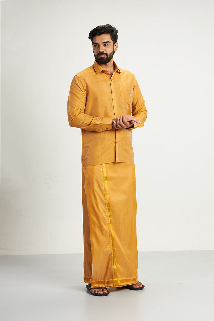 Vriksham - Gold Shirt and Matching Double Layered Dhoti 2 in 1 Wedding Set For Mens | Uathayam
