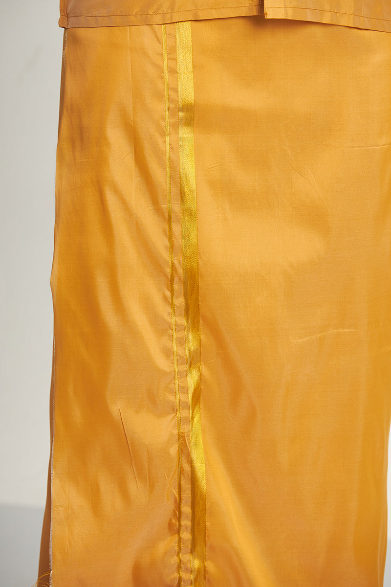 VRIKSHAM Mustard Yellow Color Silk Shirt & Matching Dhoti 3 in 1 Set Full Sleeve For Men- 15801