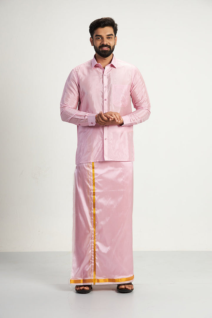 VRIKSHAM Light Pink Color Silk Shirt & Matching Dhoti 2 in 1 Set Full Sleeve For Men- 15806