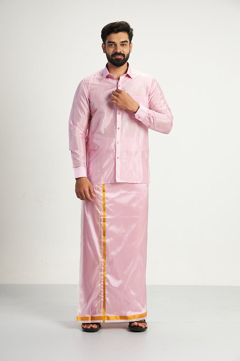 Vriksham - Light Rose Shirt and Matching Double Dhoti With Towel 3 in 1 Wedding Set For Mens | Uathayam