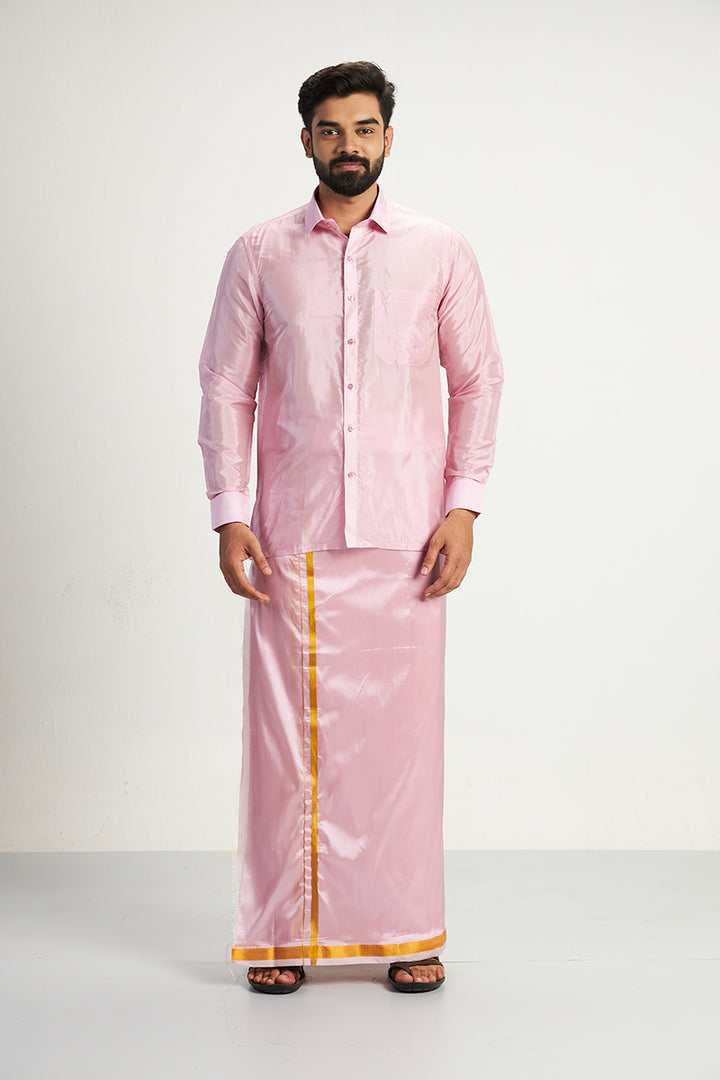 VRIKSHAM Light Pink Color Silk Shirt & Matching Dhoti 3 in 1 Set Full Sleeve For Men- 15806