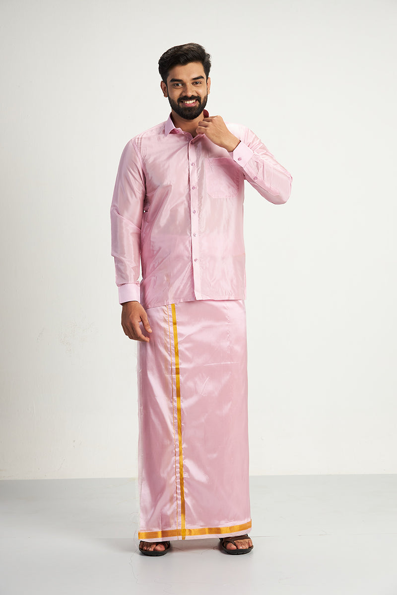 VRIKSHAM Light Rose Color Silk Shirt & Matching Dhoti 2 in 1 Set Full Sleeve For Men- 15806