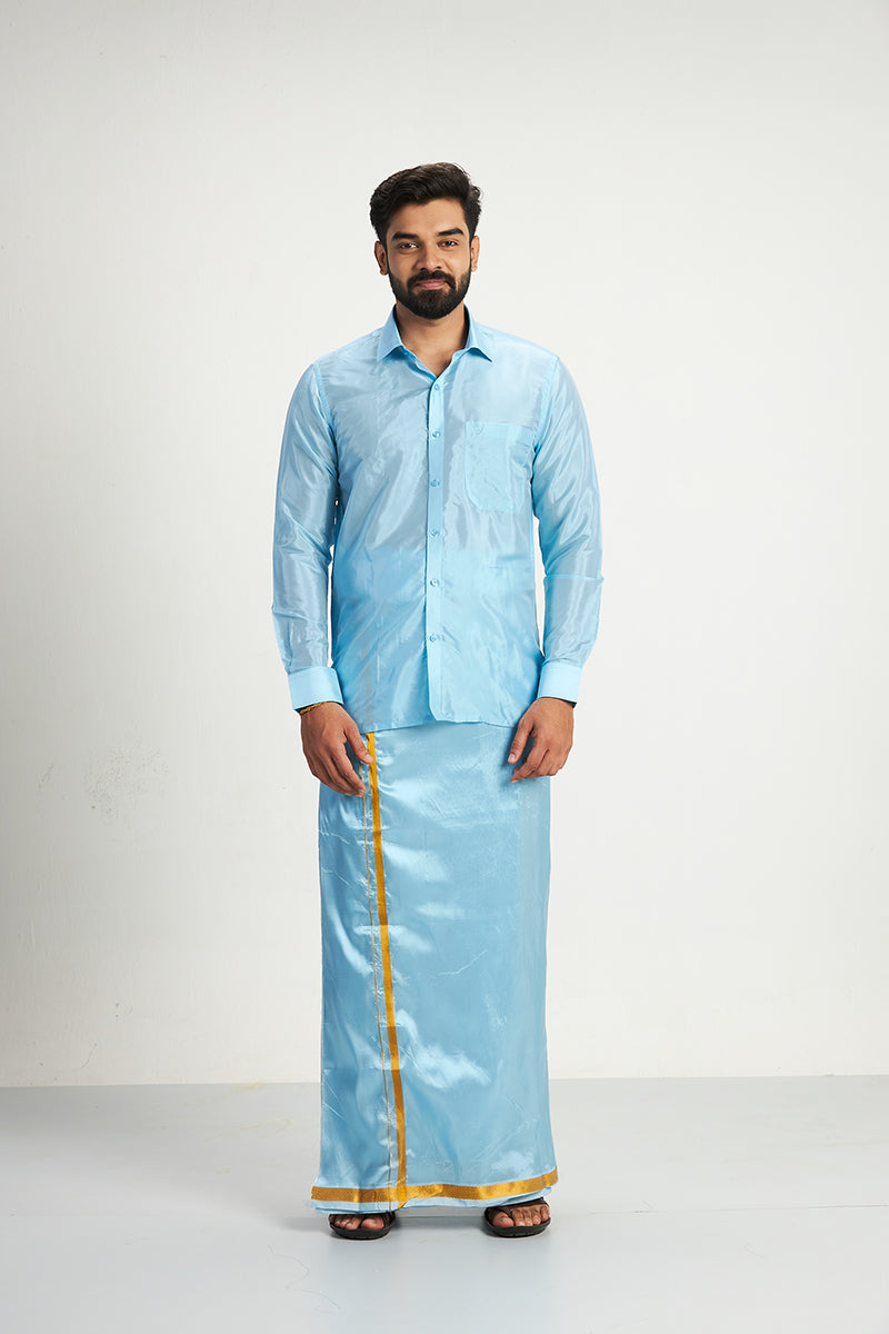 Vriksham - Sky Blue Shirt and Matching Double Dhoti 3 in 1 Wedding Set For Mens | Uathayam