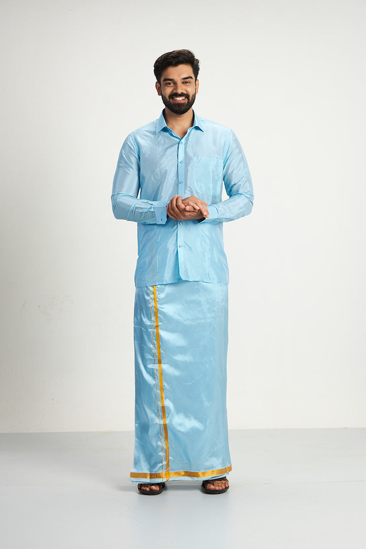 Vriksham - Sky Blue Shirt and Matching Double Dhoti 3 in 1 Wedding Set For Mens | Uathayam