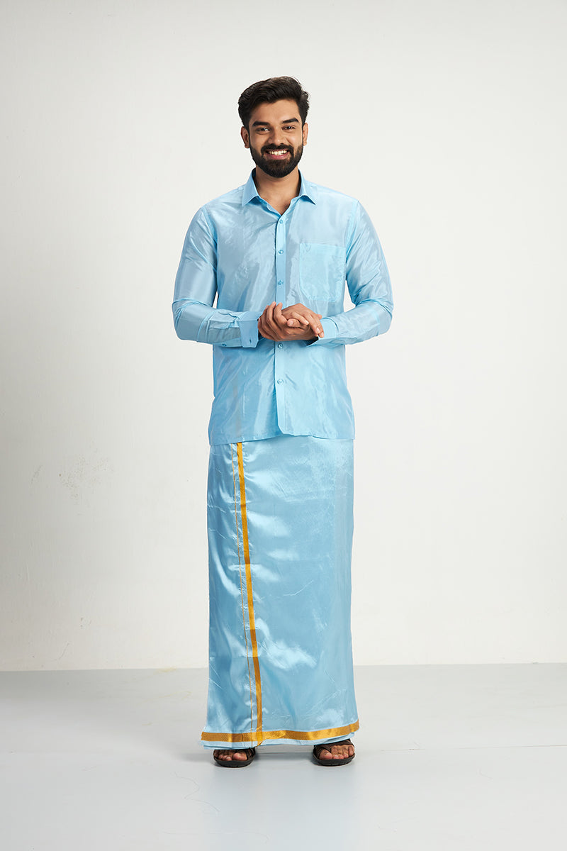 Vriksham - Sky Blue Shirt and Matching Double Dhoti 2 in 1 Wedding Set For Mens | Uathayam