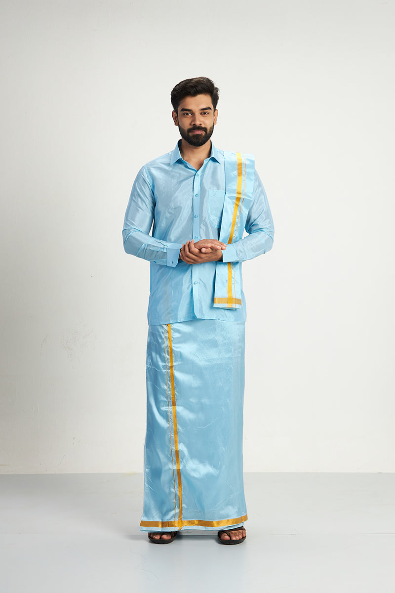 Vriksham - Sky Blue Shirt and Matching Double Dhoti 3 in 1 Wedding Set For Mens | Uathayam