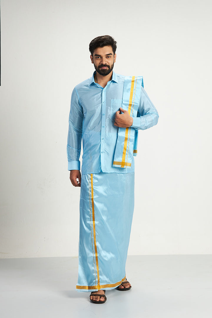 Vriksham - Sky Blue Shirt and Matching Double Dhoti 3 in 1 Wedding Set For Mens | Uathayam