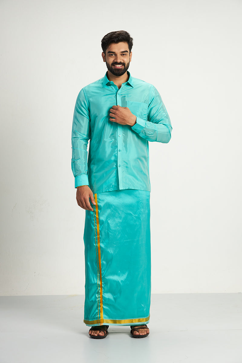 Vriksham - Green Shirt and Matching Double Dhoti 3 in 1 Wedding Set For Mens | Uathayam