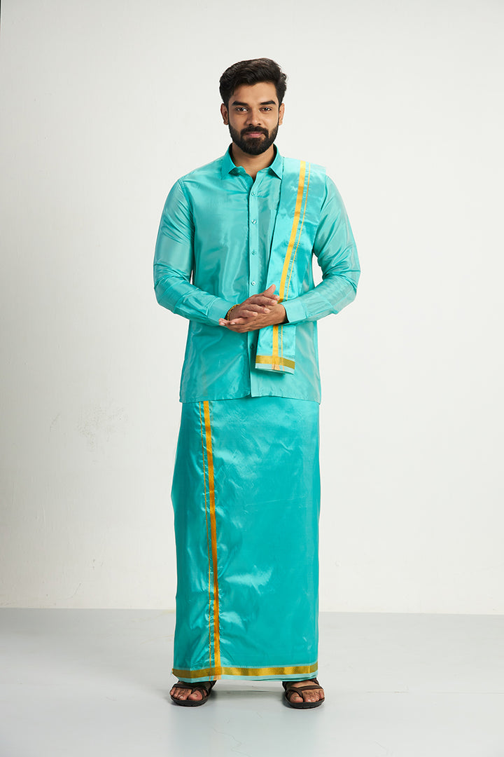 Vriksham - Green Shirt and Matching Double Dhoti 3 in 1 Wedding Set For Mens | Uathayam