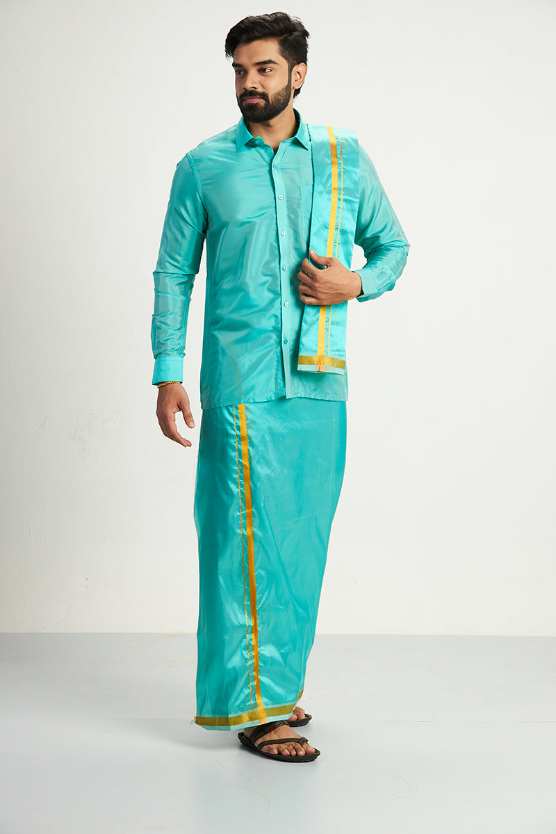 VRIKSHAM Green Color Silk Shirt & Matching Dhoti 3 in 1 Set Full Sleeve For Men- 15804