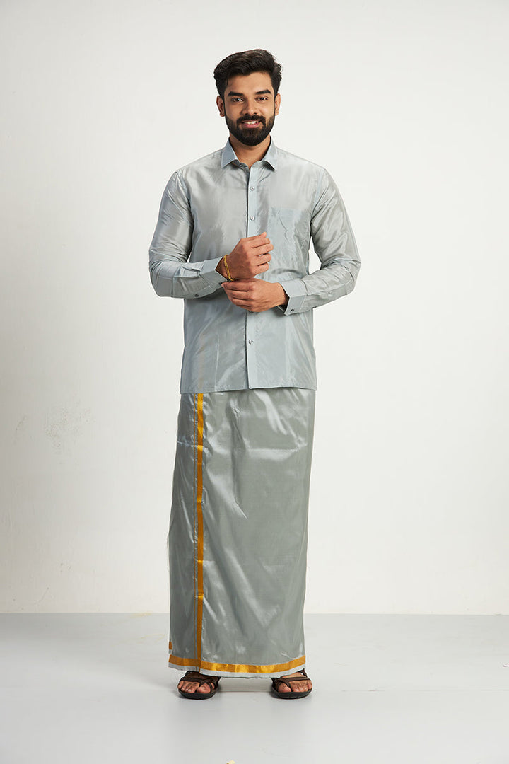 Vriksham - Gray Shirt and Matching Double Dhoti 2 in 1 Wedding Set For Mens | Uathayam