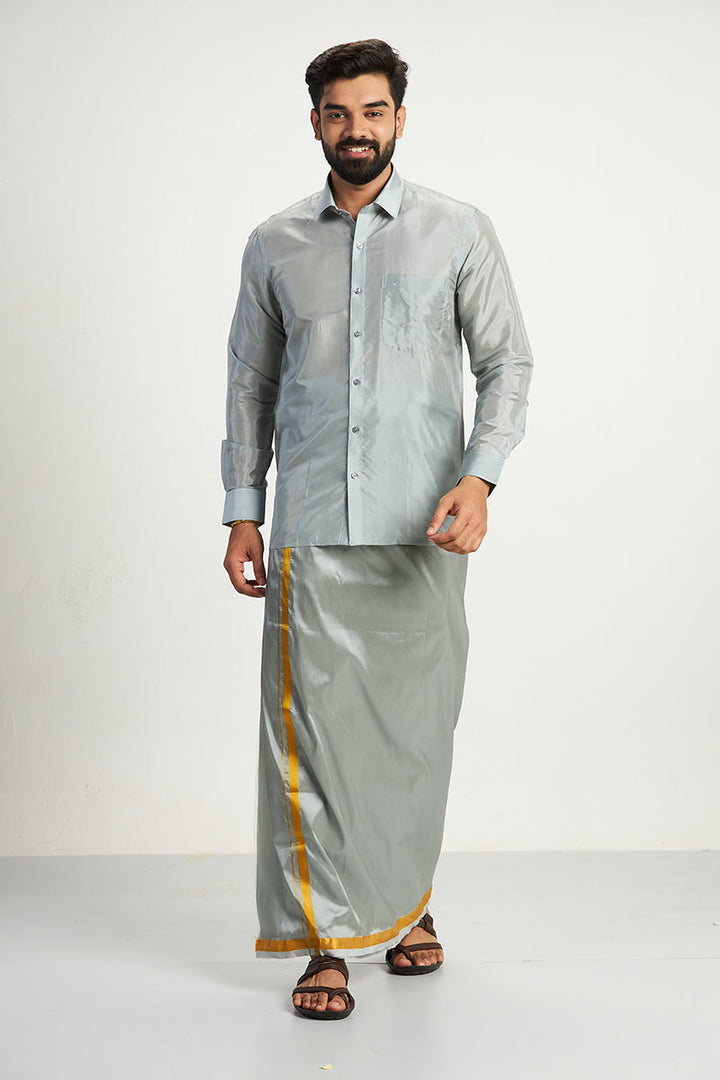 Vriksham - Gray Shirt and Matching Double Dhoti 2 in 1 Wedding Set For Mens | Uathayam