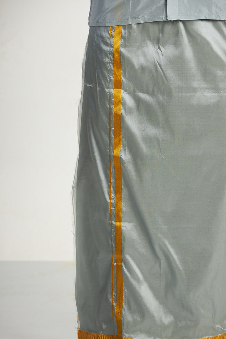 VRIKSHAM Grey Color Silk Shirt & Matching Dhoti 3 in 1 Set Full Sleeve For Men- 15805