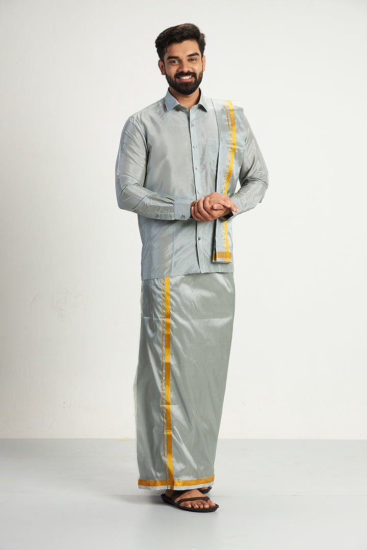 VRIKSHAM Grey Color Silk Shirt & Matching Dhoti 3 in 1 Set Full Sleeve For Men- 15805