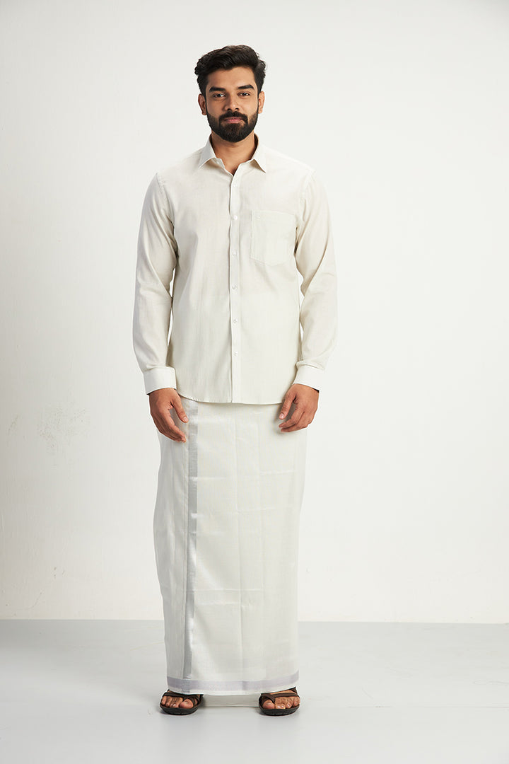 UATHAYAM Silver Color Cotton Vaibhav Shirt + Tissue Jari Dhoti + Towel (3 In 1) Set For Men