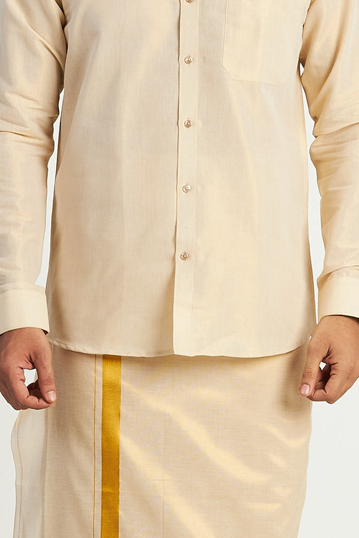 UATHAYAM Golden Yellow Color Cotton Vaibhav Shirt and Tissue Jari Dhoti (2 In 1) Set For Men