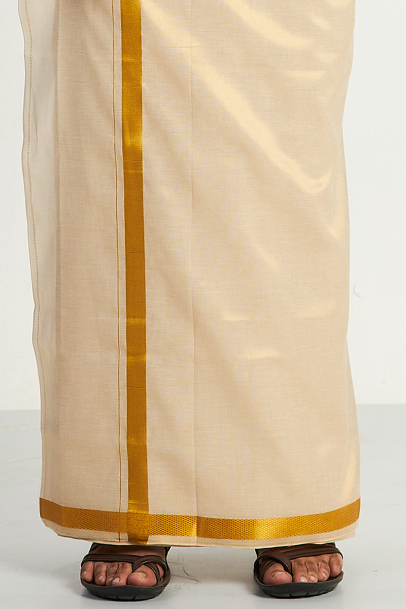 UATHAYAM Golden Yellow Color Cotton Vaibhav Shirt + Tissue Jari Dhoti + Towel (3 In 1) Set For Men